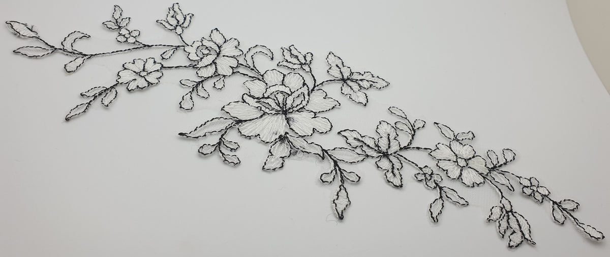 Motif en dentelle noir et ivoire fleurs/feuilles à coudre pour mariée / cocktail