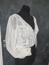 Top plumetie dentelle bohème mariée ivoire clair – Manches bouffantes en tulle – Taille 42 (XL) · vue 2