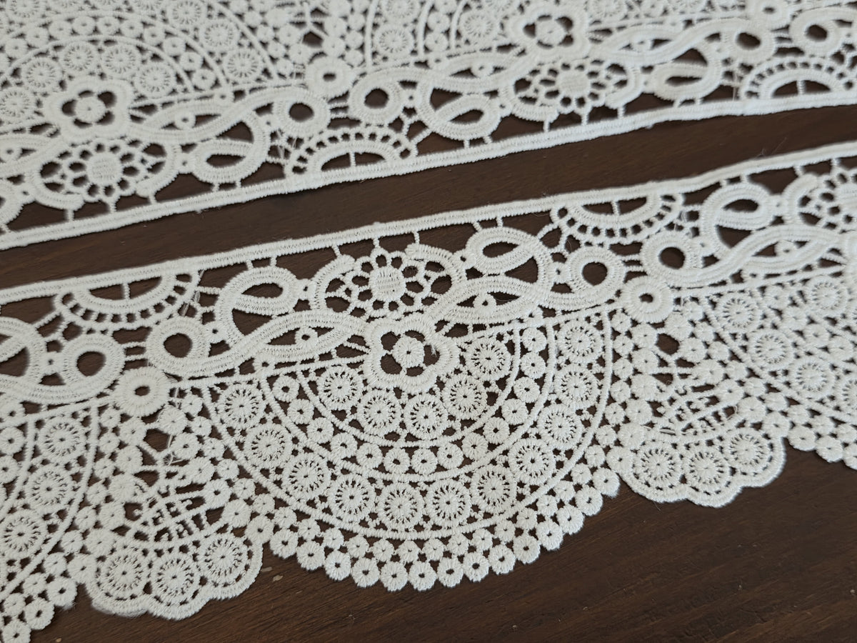 Galon dentelle guipure ivoire clair 8 cm – motif mandala festonné – dentelle mariée bohème au mètre
