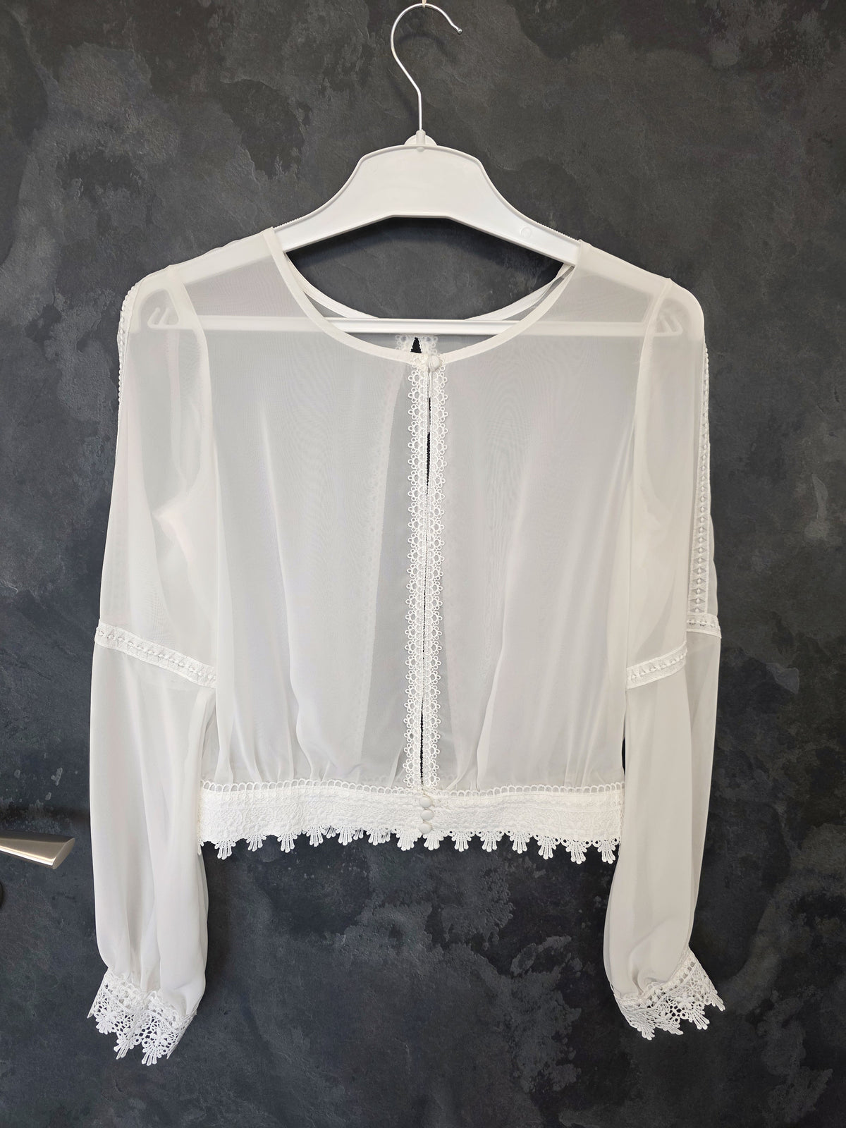 Top pour mariée en mousseline ivoire , manchettes en dentelle Taille