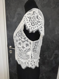 Top mariée bohème dentelle ivoire – Manches courtes festonnées – Dos boutonné – Taille XL · vue 4