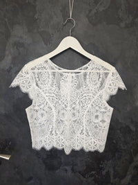 Top mariée bohème dentelle ivoire – Manches courtes festonnées – Dos boutonné – Taille XL · vue 8