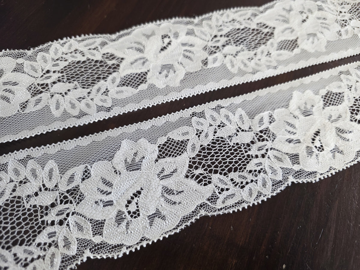 Dentelle Tulle Ivoire Motif Floral & Feuillage — Largeur 7 cm | Vendu au mètre