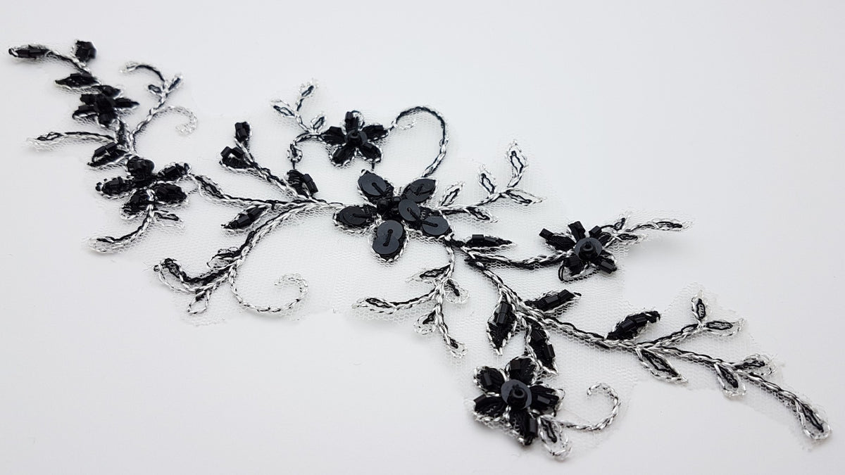 Motif en dentelle noir brillant perles et sequins pour robe de mariée cocktail soirée