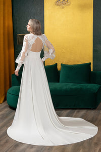 Robe de mariée fluide à manches longues en dentelle et dos ouvert - DEMI