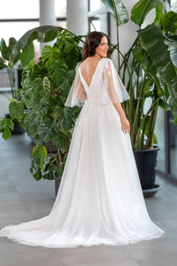 Robe de mariée grande taille en dentelle et tulle, manches flottantes - ELFY