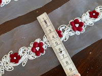 Galon dentelle fleurs bordeaux et perles sur tulle ivoire – 7,5 cm – dentelle florale relief mariage – vendu par 10 cm · vue 2
