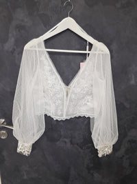 Top plumetie dentelle bohème mariée ivoire clair – Manches bouffantes en tulle – Taille 42 (XL) · vue 7