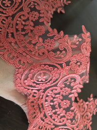 Dentelle brodée corail sur tulle – 20 cm – galon festonné floral couture mariage – vendu par 10 cm · vue 3