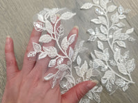 Applique dentelle ivoire perlée – motif feuilles brodées miroir 21 cm · vue 4