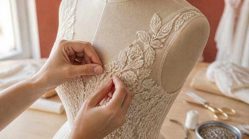 Deux mains cousent à l'aiguille un motif de dentelle ivoire sur un bustier de robe de mariée
