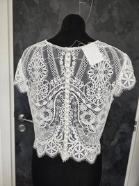 Top mariée bohème dentelle ivoire – Manches courtes festonnées – Dos boutonné – Taille XL · vue 6
