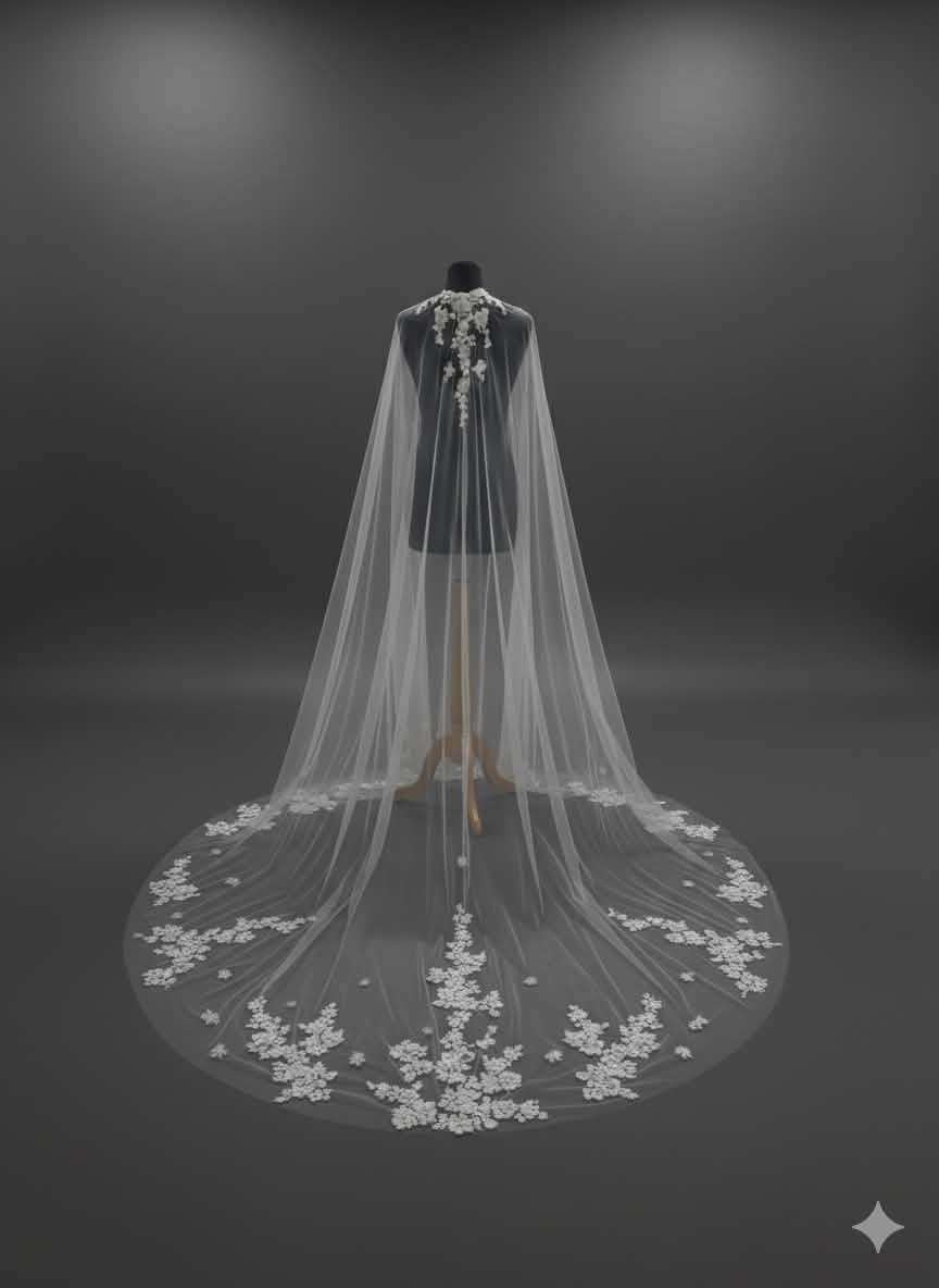 Cape de Mariée en Tulle Ivoire Clair – Dentelle Florale Brillante – Effet Traîne Élégant – Cape pour Robe de Mariée