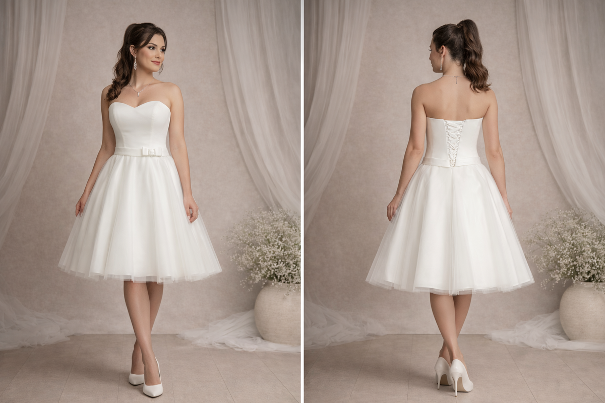 Robe de mariée courte satin et tulle ivoire