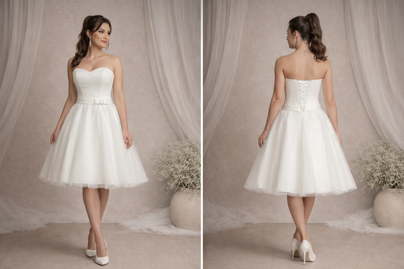 Robe de mariée courte satin et tulle ivoire