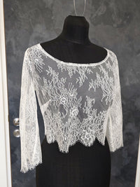 Top de mariée en dentelle ivoire clair – Manches longues – Col rond – Taille XXL