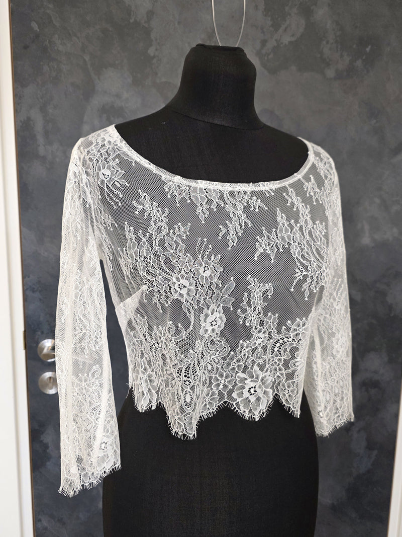 Top de mariée en dentelle ivoire clair – Manches longues – Col rond – Taille XXL