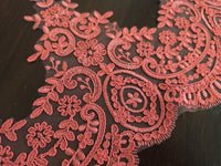 Dentelle brodée corail sur tulle – 20 cm – galon festonné floral couture mariage – vendu par 10 cm