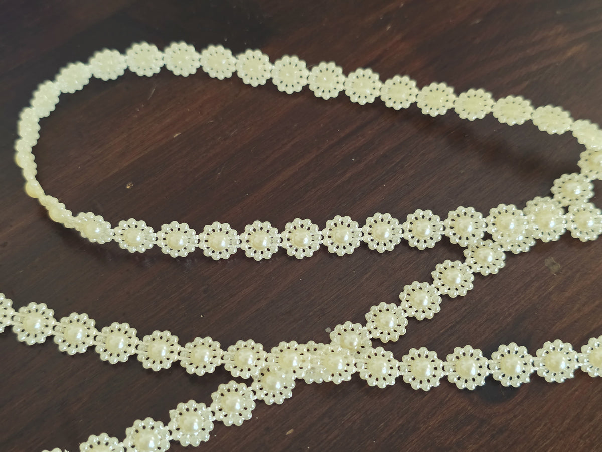 Galon perles fleurs ivoire crème – dentelle perles couture mariage – vendu au mètre