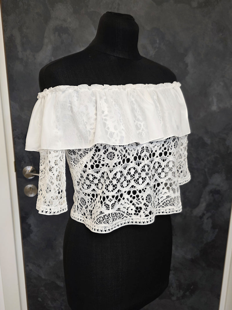 Top mariée ivoire épaules dénudées – Dentelle et volants – Dos boutonné – Taille M