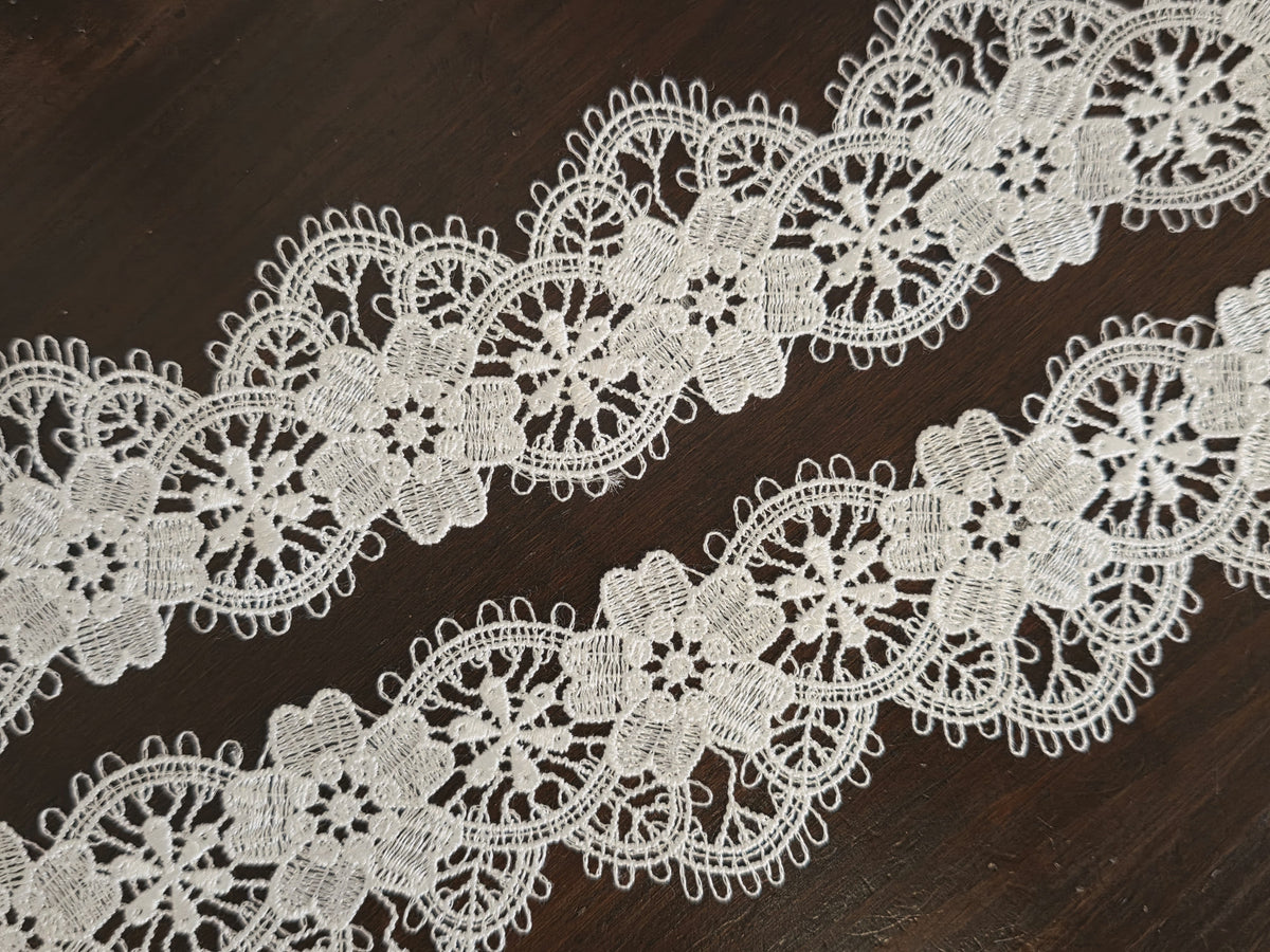Galon Dentelle Guipure Ivoire Clair Médaillons Floraux — Largeur 5 cm