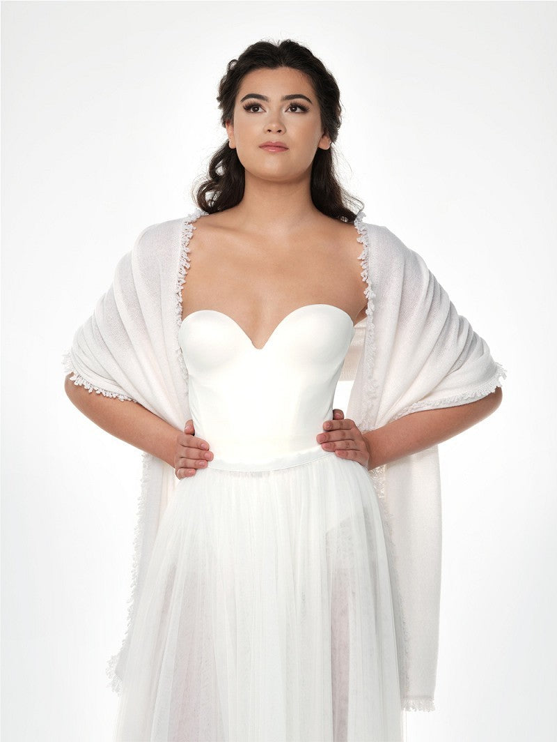 Étole mariée 100% cachemire ivoire – Châle mariage chaud et doux – 2m x 65cm – Étole cérémonie bord festonné – Accessoire mariée hive