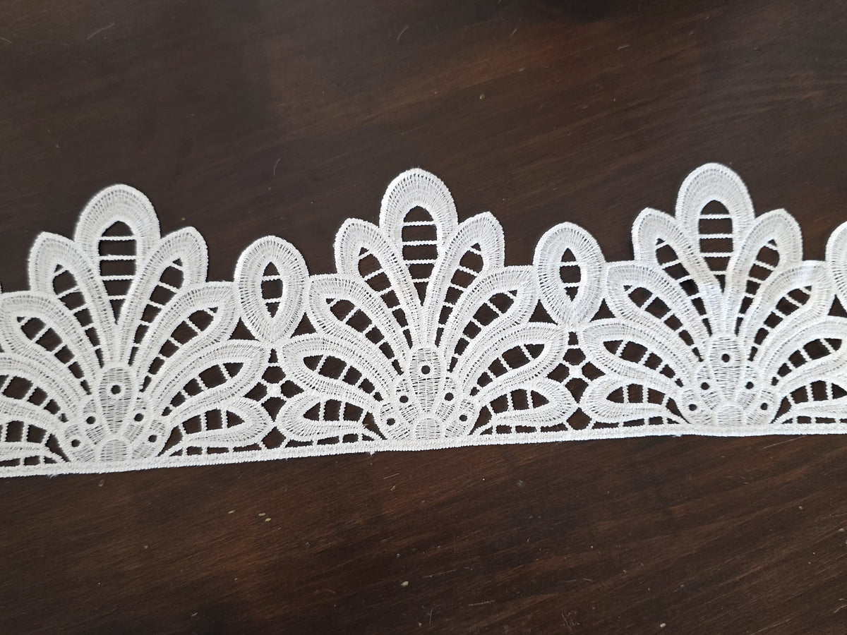 Dentelle brodée blanche – Largeur 10 cm – Motif éventail ajouré (vendue au mètre)