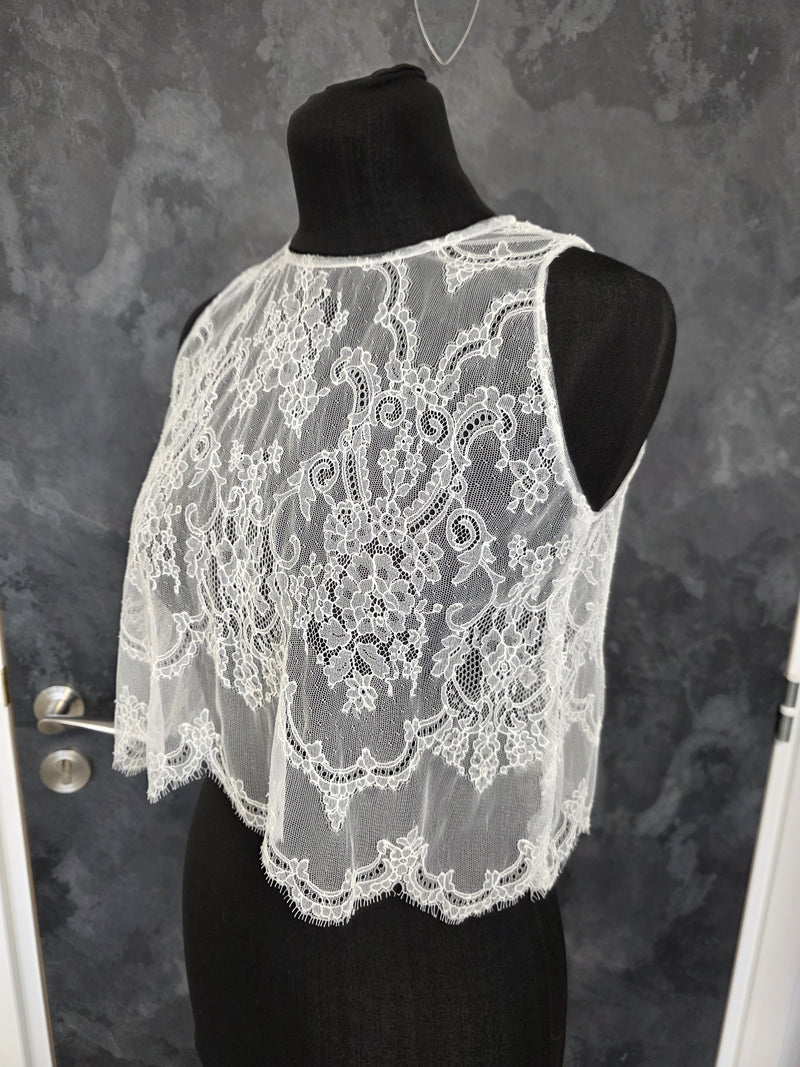 Top mariée dentelle ivoire clair – Coupe fluide festonnée – Dos noué – Taille S