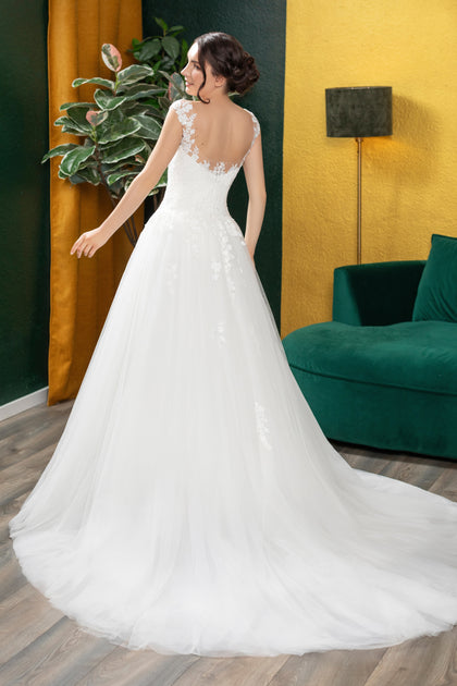 Robe de mariée princesse en dentelle florale et tulle, dos illusion - DEBBIE