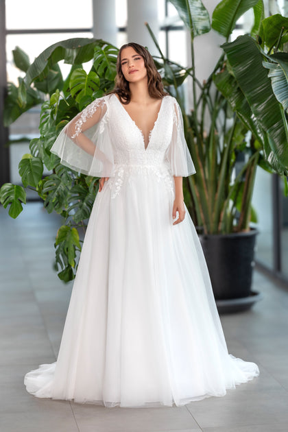 Robe de mariée grande taille en dentelle et tulle, manches flottantes - ELFY