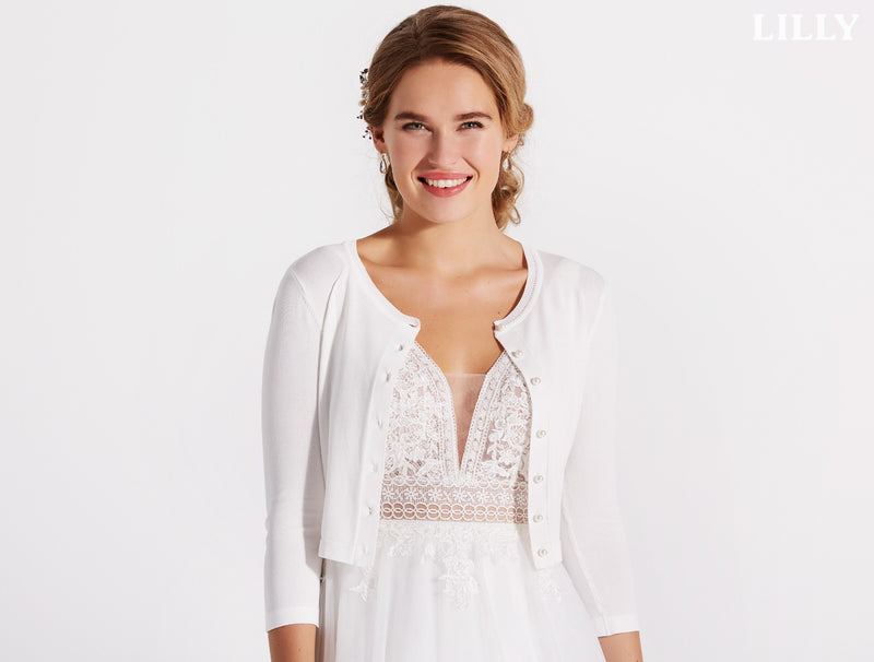 Gilet ivoire pour mariée ♡ Manches 3/4 & boutons perles nacrées – Élégant pour mariage