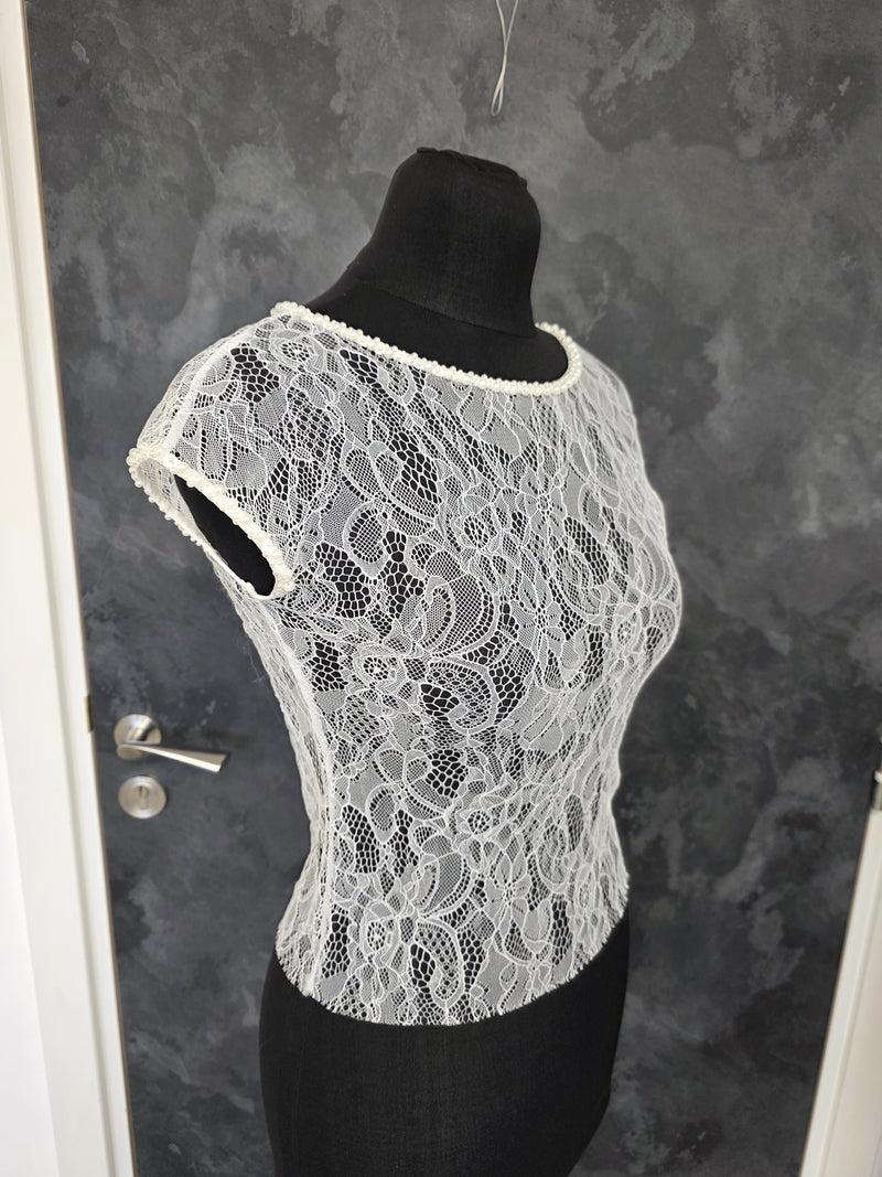 Top de mariée en dentelle stretch fine ivoire clair – Manches courtes – Tailles 40/42 & 44/46