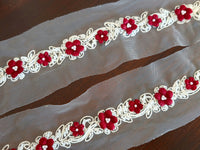 Galon dentelle fleurs bordeaux et perles sur tulle ivoire – 7,5 cm – dentelle florale relief mariage – vendu par 10 cm · vue 4