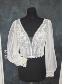 Top plumetie dentelle bohème mariée ivoire clair – Manches bouffantes en tulle – Taille 42 (XL)
