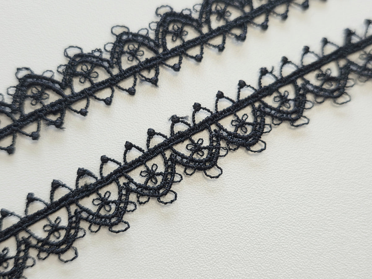 Galon Dentelle Guipure Noir Motif Médaillons Fleuris — Largeur 2 cm | Vendu par 10 cm