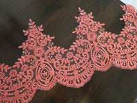 Dentelle brodée corail sur tulle – 20 cm – galon festonné floral couture mariage – vendu par 10 cm · vue 4
