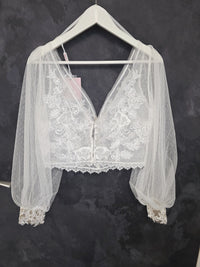 Top plumetie dentelle bohème mariée ivoire clair – Manches bouffantes en tulle – Taille 42 (XL) · vue 9