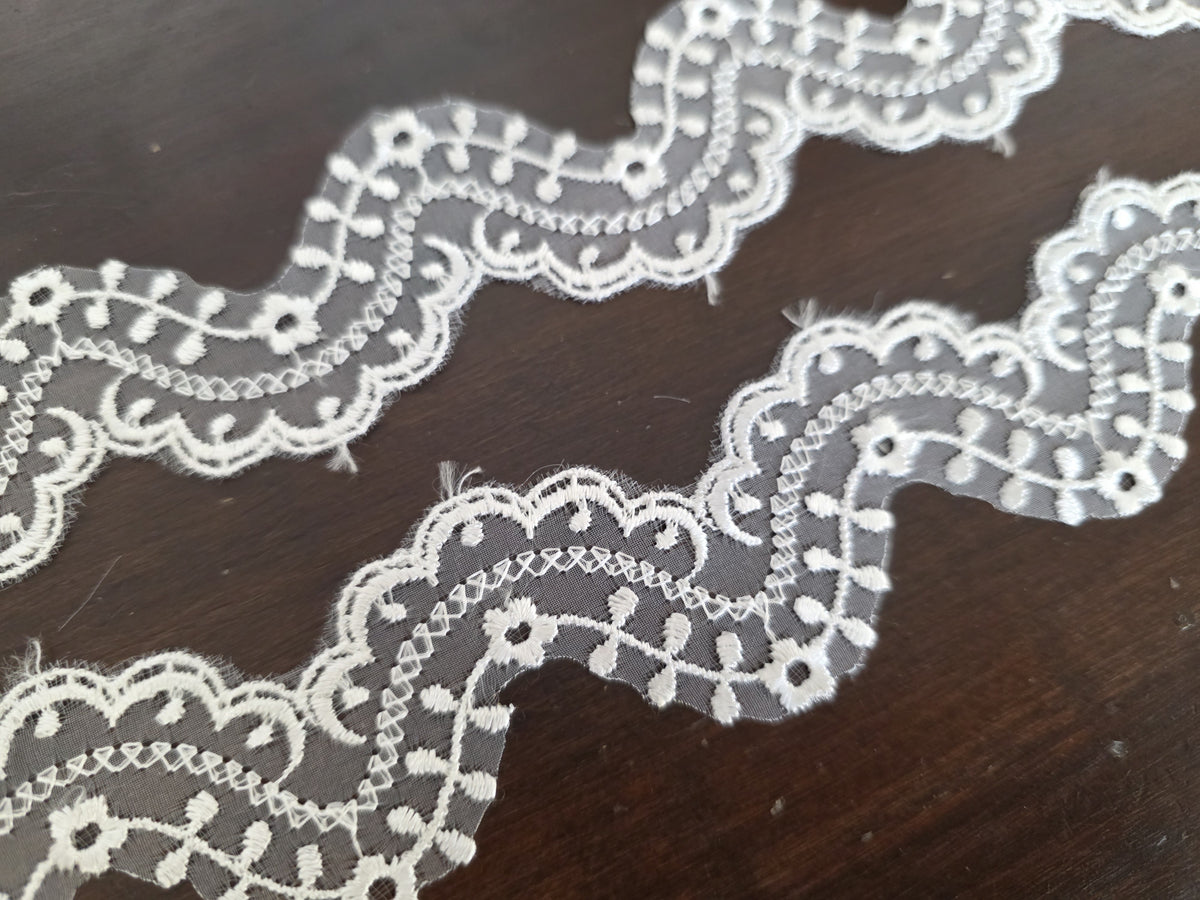 Galon dentelle brodée sur organza ivoire