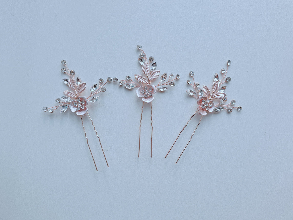 Lot de 3 piques à cheveux strass or rosé