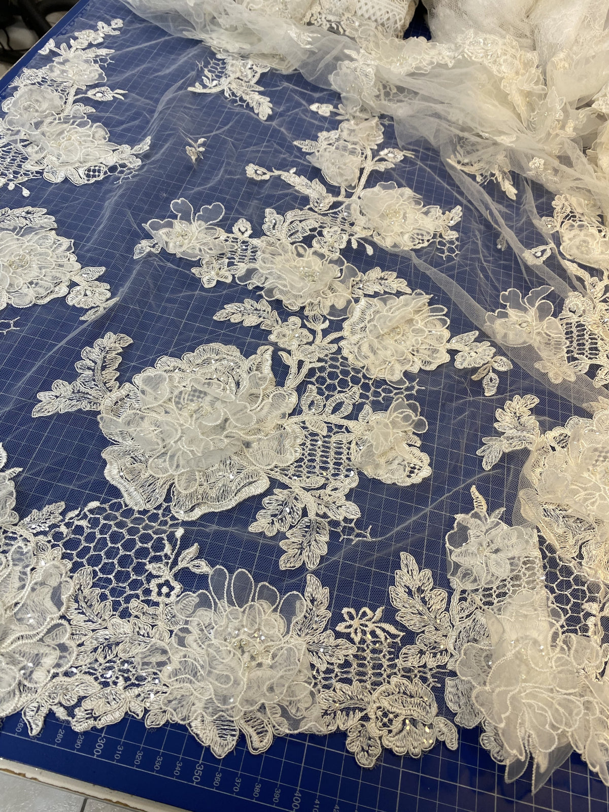 Dentelle ivoire, tulle brodé 3D
