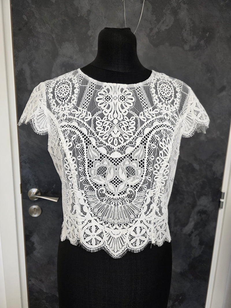 Top mariée bohème dentelle ivoire – Manches courtes festonnées – Dos boutonné – Taille XL